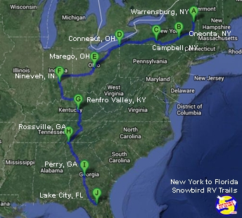 RV Trip Map Canada to Florida
