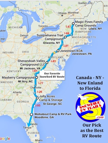 rv route map road trip florida northeast coast east canada snowbirdrvtrails snowbird maps south mapping travel tips york following camping