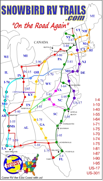 Snowbird RV route maps North and South